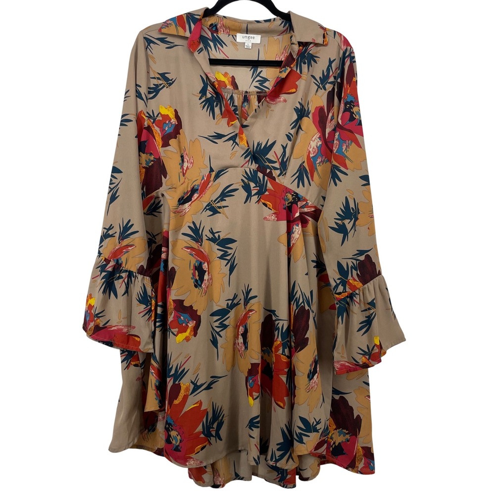 Umgee Size Large Floral Babydoll Dress Tan Orange Ruffle Bell Sleeve Women